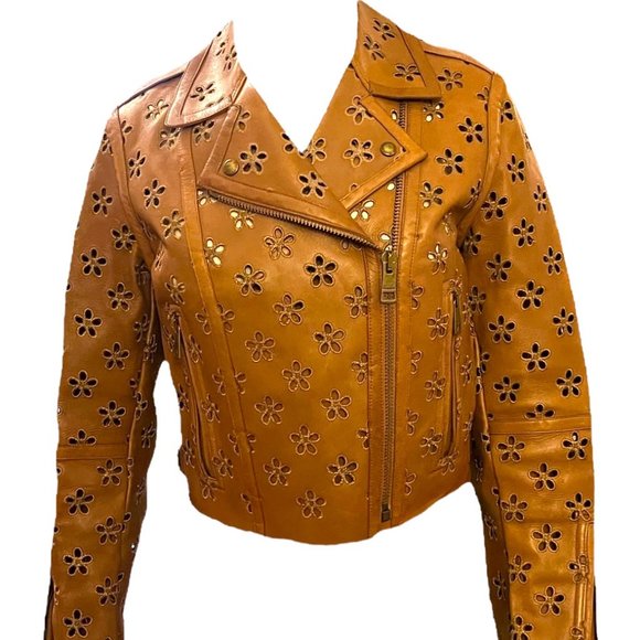 Burberry Lambskin Laser Cut Flower Perforated Motorcycle Biker Jacket Camel Sz4 - Picture 6 of 16
